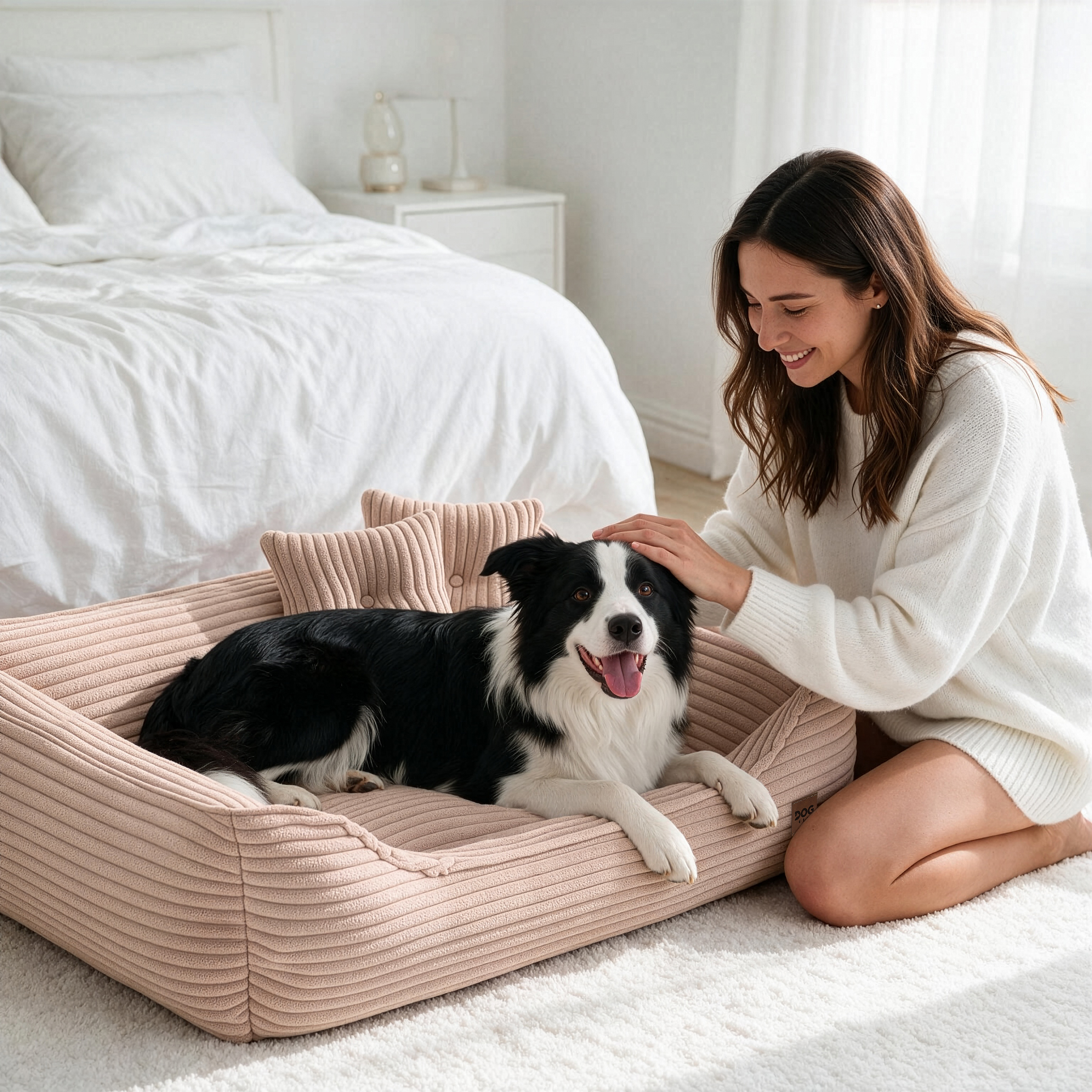 Pies na sztruksowej sofie legowisku w jasnej sypialni, asortyment PETS